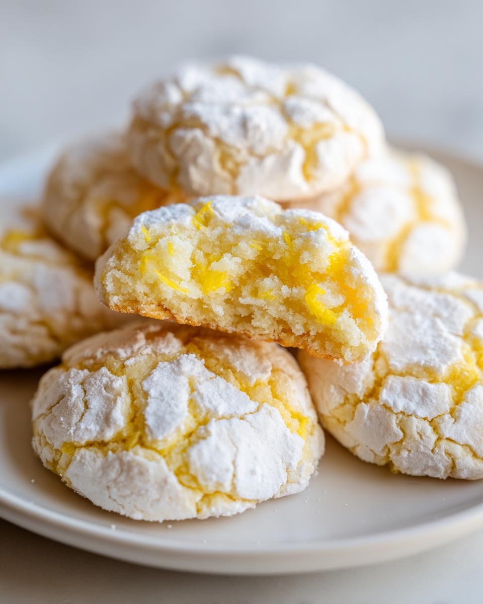 A stack of soft lemon crinkle cookies dusted with powdered sugar, one cookie broken open showing bright yellow lemon zest inside.