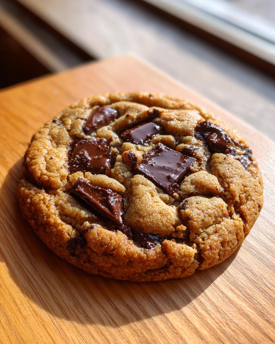 A single, thick sourdough chocolate chip cookie with melted chocolate chunks resting on a wooden surface.