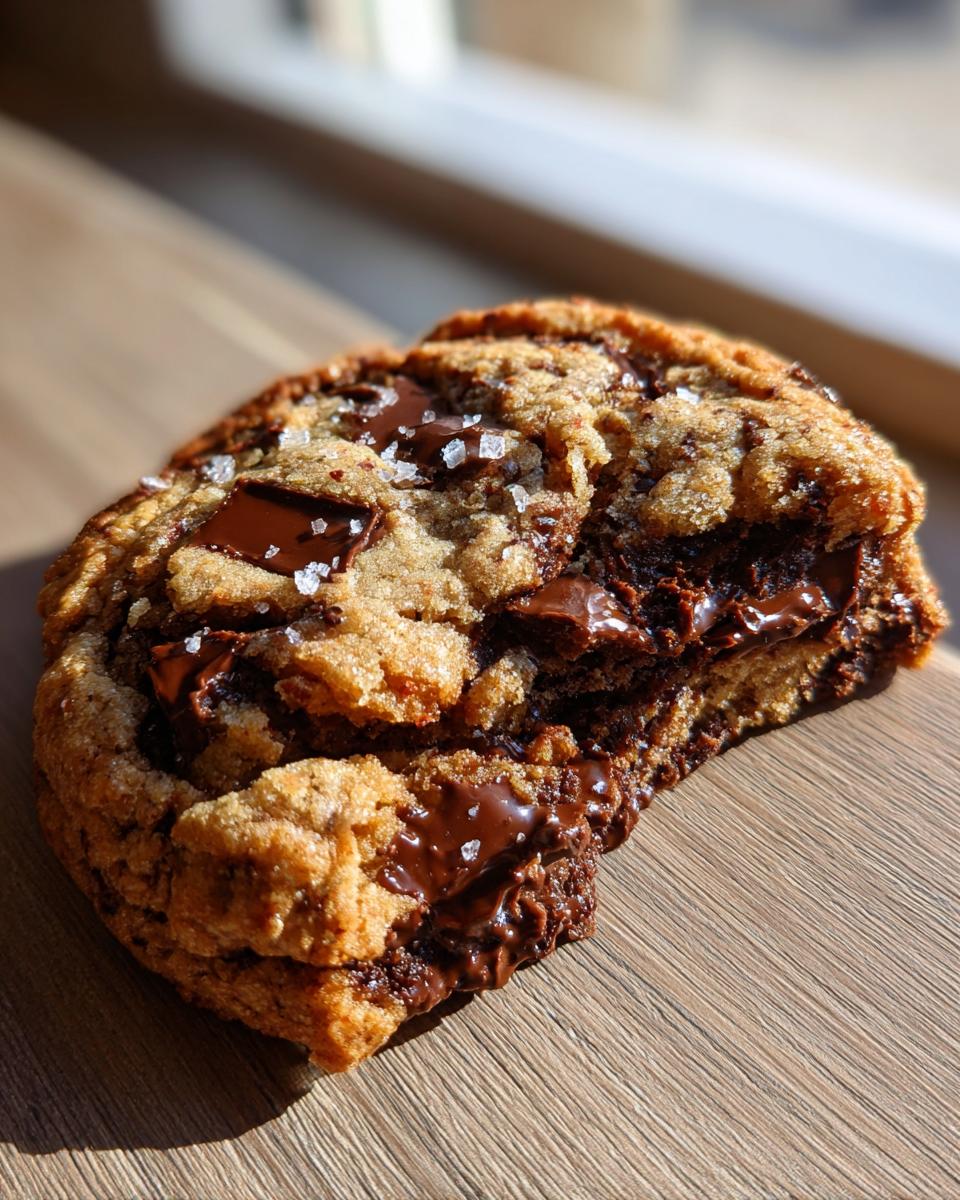 Close-up of a thick sourdough chocolate chip cookie with molten chocolate chunks and flaky sea salt.
