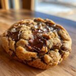 Close-up of a thick, chewy sourdough chocolate chip cookie topped with melted chocolate chunks and flaky sea salt.