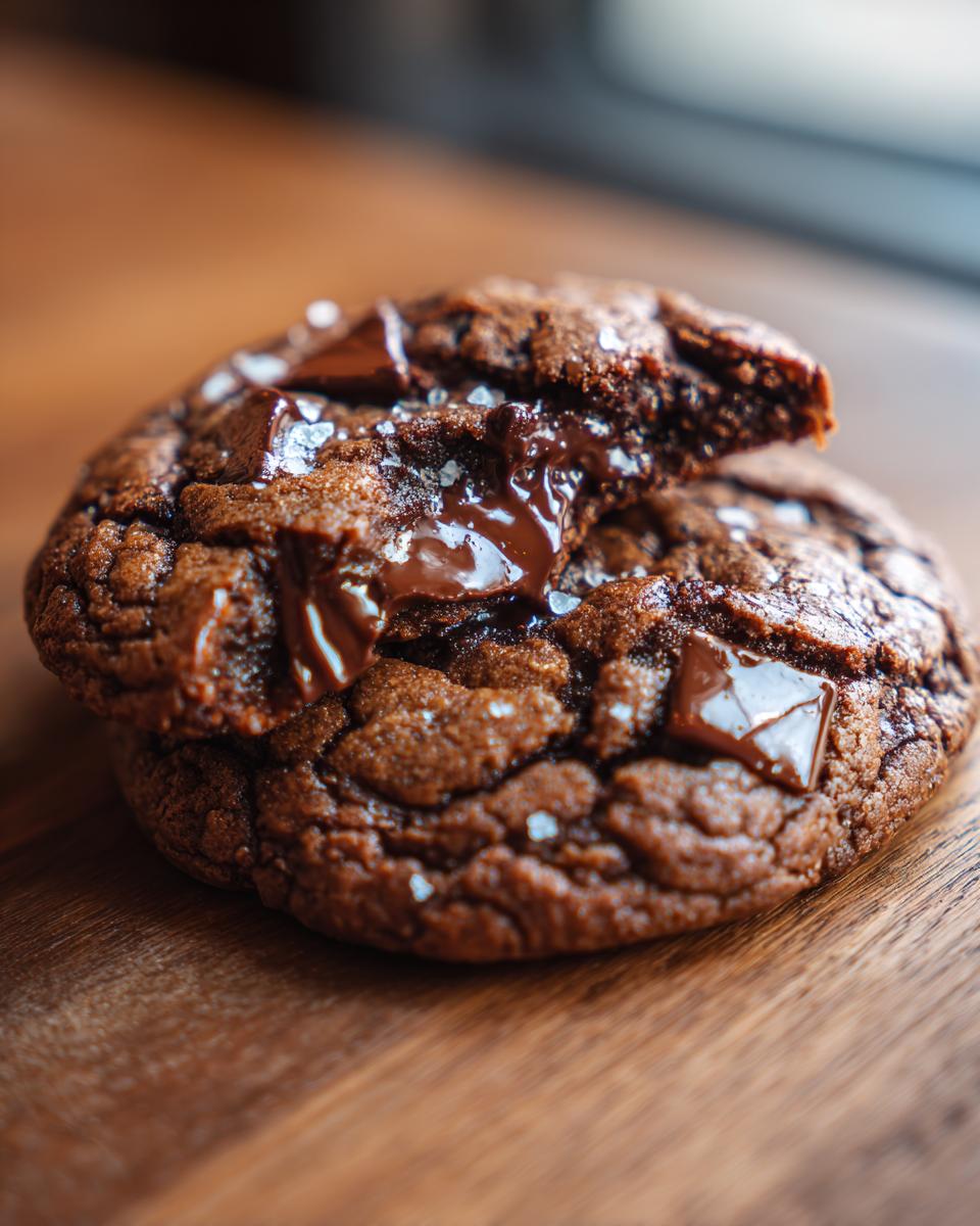Close-up of a rich, dark sourdough chocolate chip cookie with gooey melted chocolate chunks and sea salt.