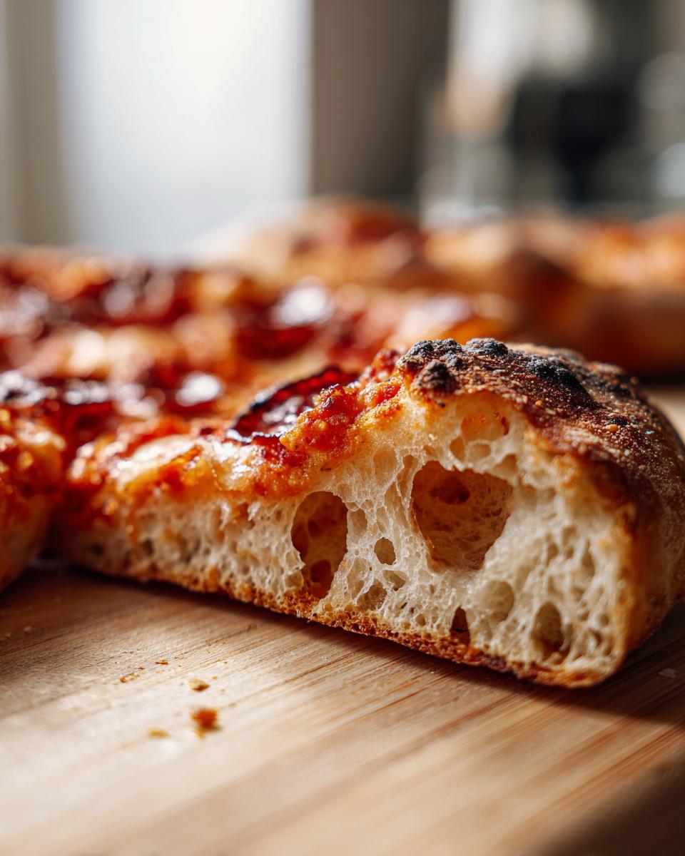 Close-up of a slice of pizza showing the airy, open crumb structure of the sourdough discard pizza dough crust.