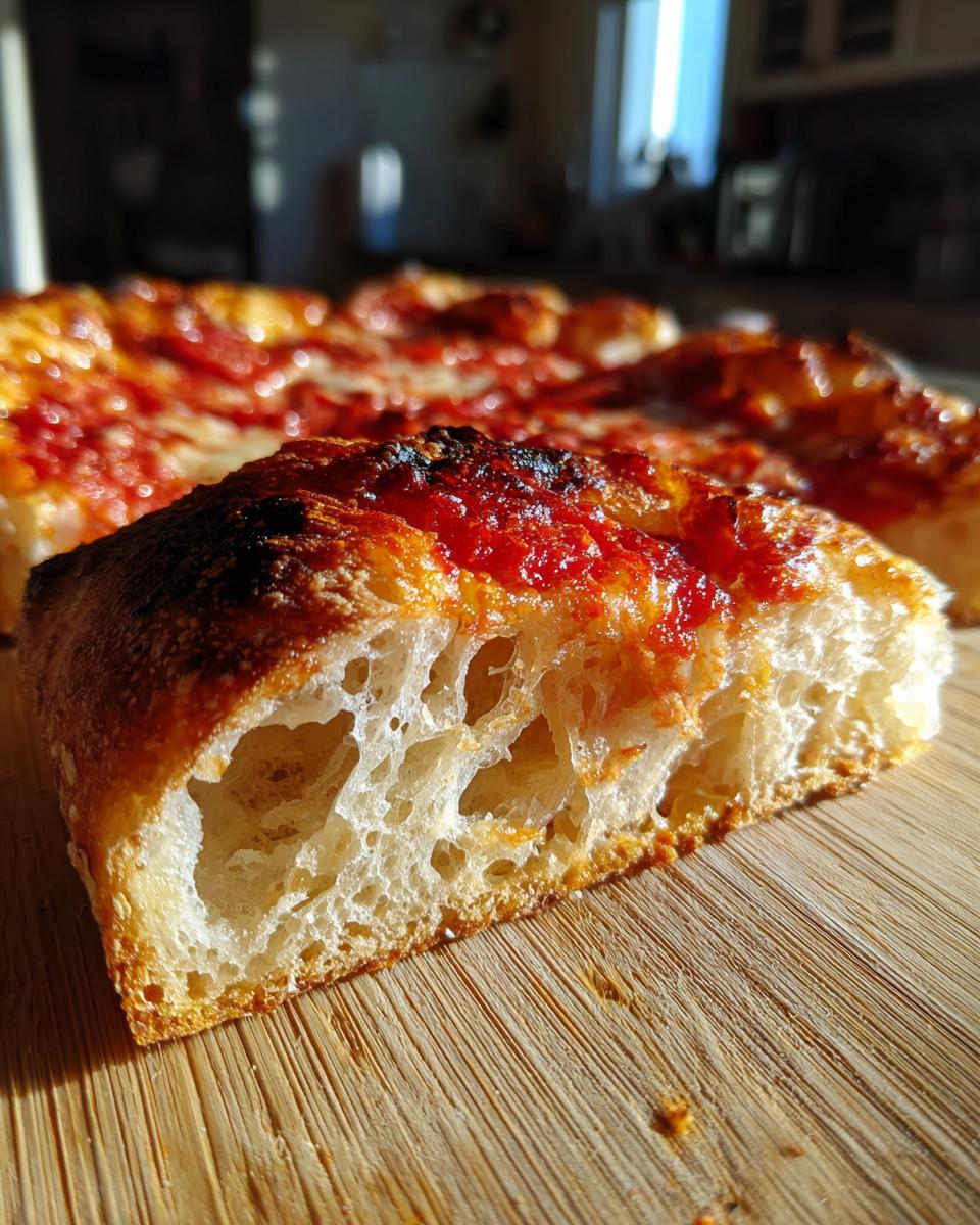 Close-up of a slice of pizza showing the airy, open crumb structure made from sourdough discard pizza dough.