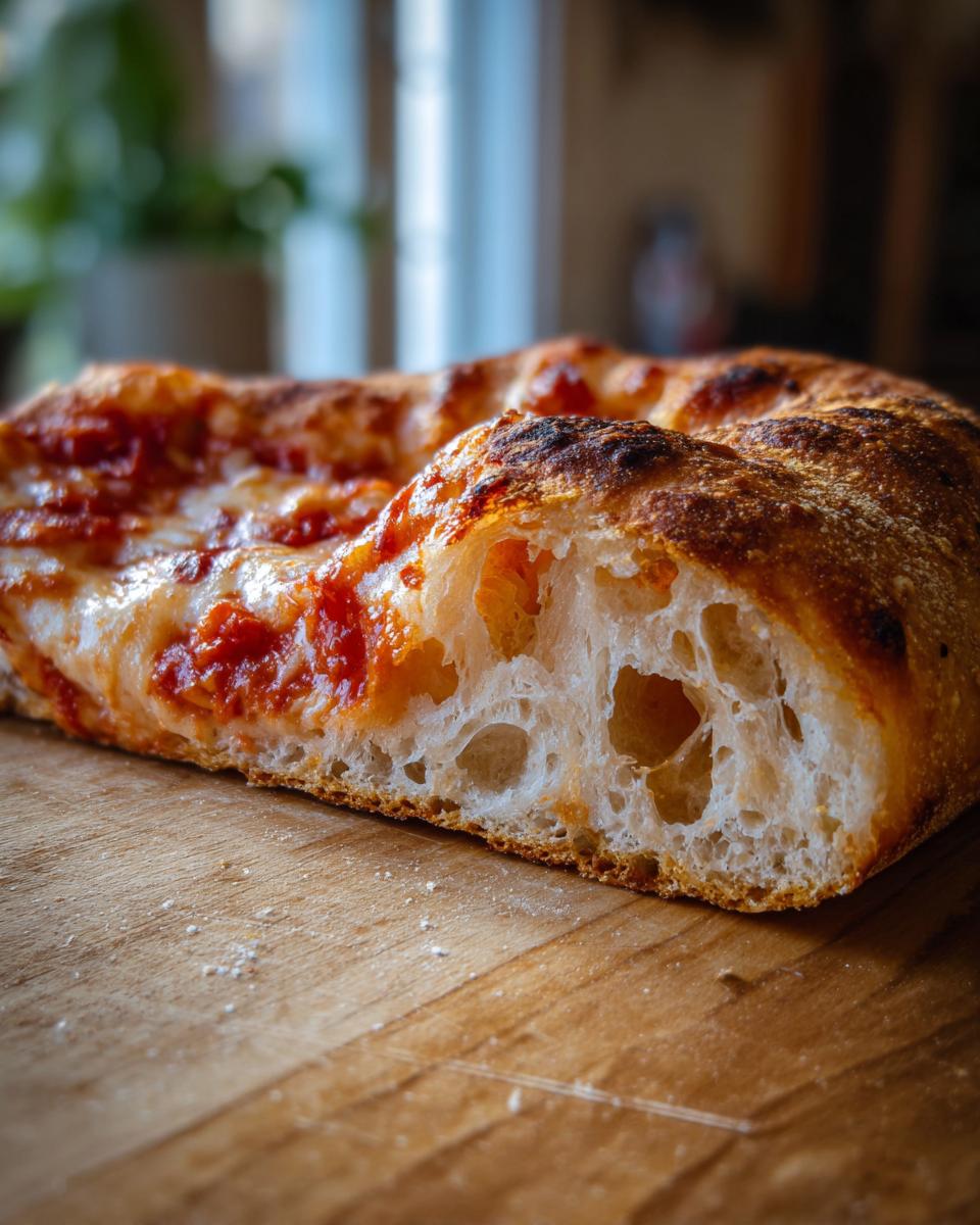 Close-up of a slice showing the airy, open crumb structure of sourdough discard pizza dough crust.