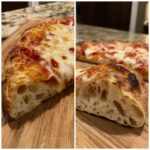 Close-up of two slices showing the airy, open crumb structure of sourdough discard pizza dough crust.