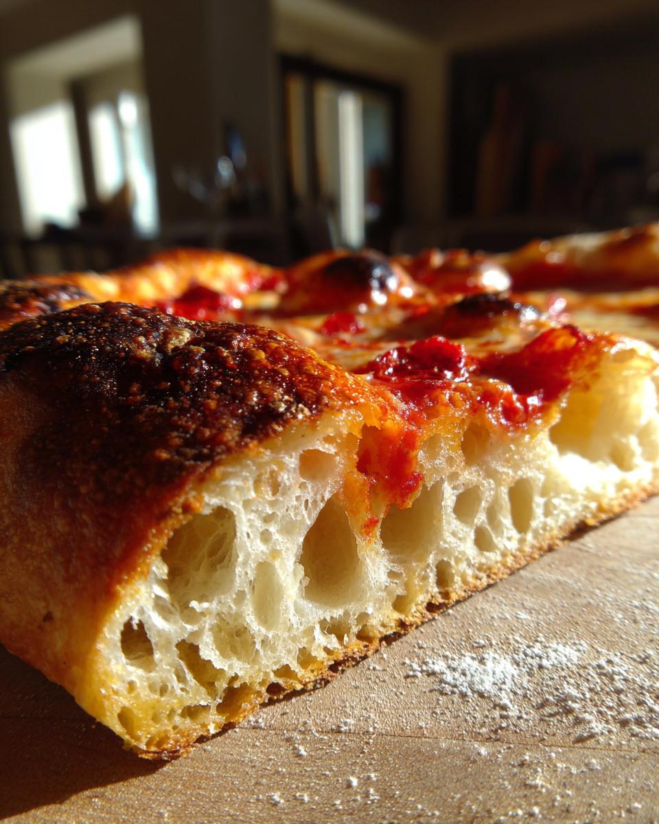 Close-up of a slice of pizza showing the airy, open crumb structure made from sourdough discard pizza dough.