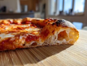 Close-up cross-section showing the airy, bubbly crumb structure of a pizza made with sourdough discard pizza dough.