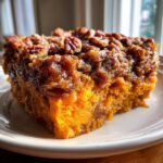 A rich, orange slice of southern sweet potato casserole topped with a sticky brown sugar glaze and whole pecans.