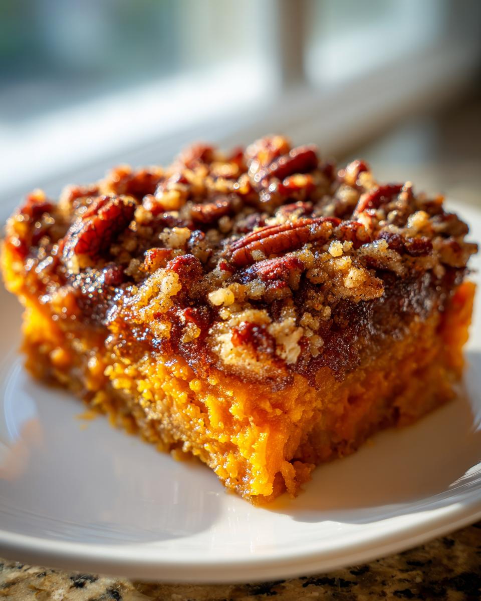 A close-up, sunlit slice of southern sweet potato casserole topped with a crunchy pecan streusel.