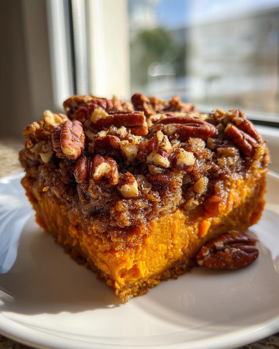 A square slice of rich orange southern sweet potato casserole topped with a thick, crunchy pecan streusel topping.