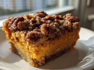 Close-up of a square slice of orange southern sweet potato casserole topped with a rich pecan crumble.