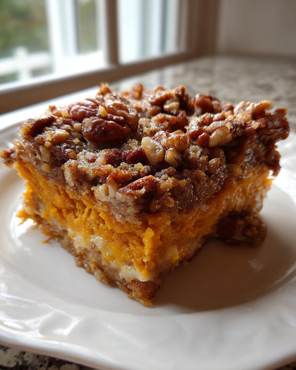 A square slice of southern sweet potato casserole with a thick pecan topping served on a white plate.