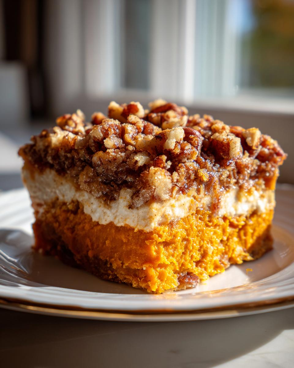 Close-up of a layered slice of southern sweet potato casserole topped with cream cheese and crunchy pecans.