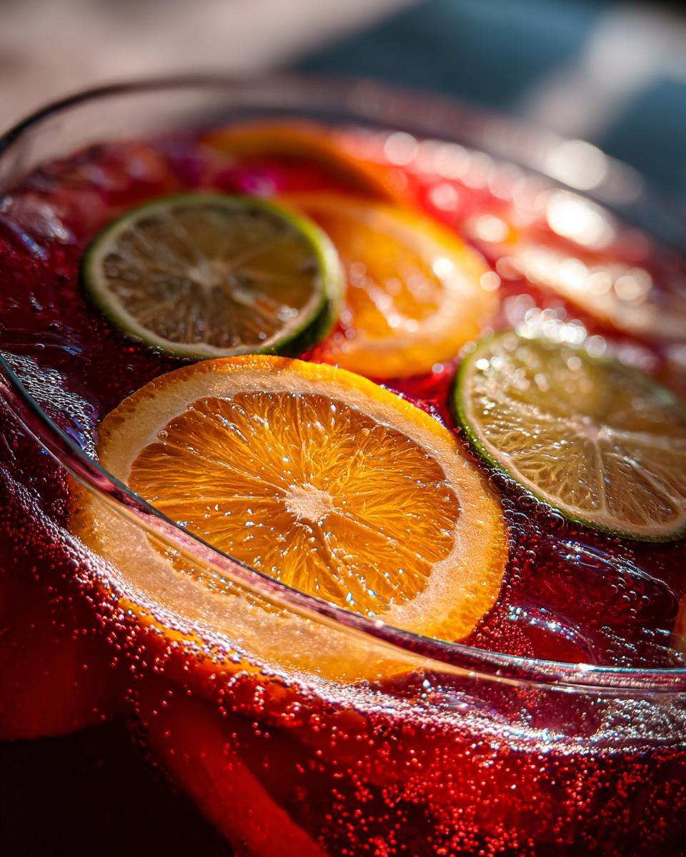 Close-up of a vibrant, bubbling red non-alcoholic christmas punch garnished with bright orange and lime slices.