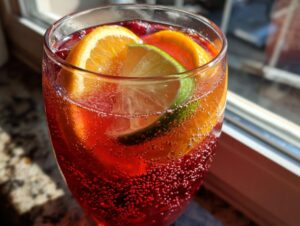 Close-up of a glass filled with vibrant red non-alcoholic christmas punch, garnished with orange and lime slices.