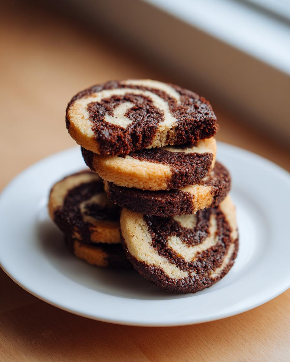 A stack of five chocolate and vanilla swirl pinwheel cookies resting on a small white plate.