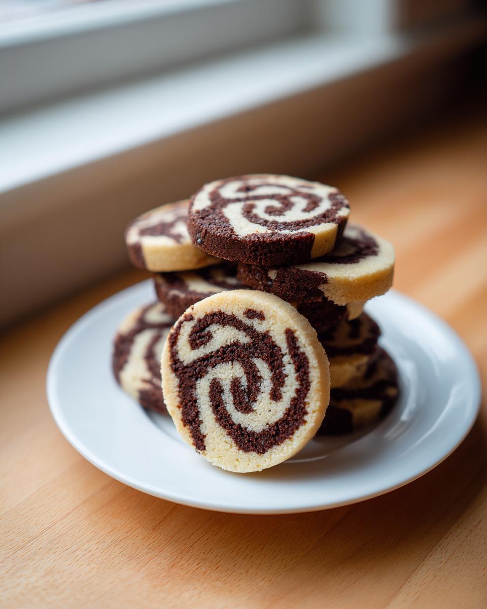 Close-up of stacked chocolate and vanilla pinwheel cookies showing the distinct swirl pattern on a white plate.