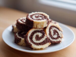 Close-up of several chocolate and vanilla swirl pinwheel cookies stacked on a white plate.