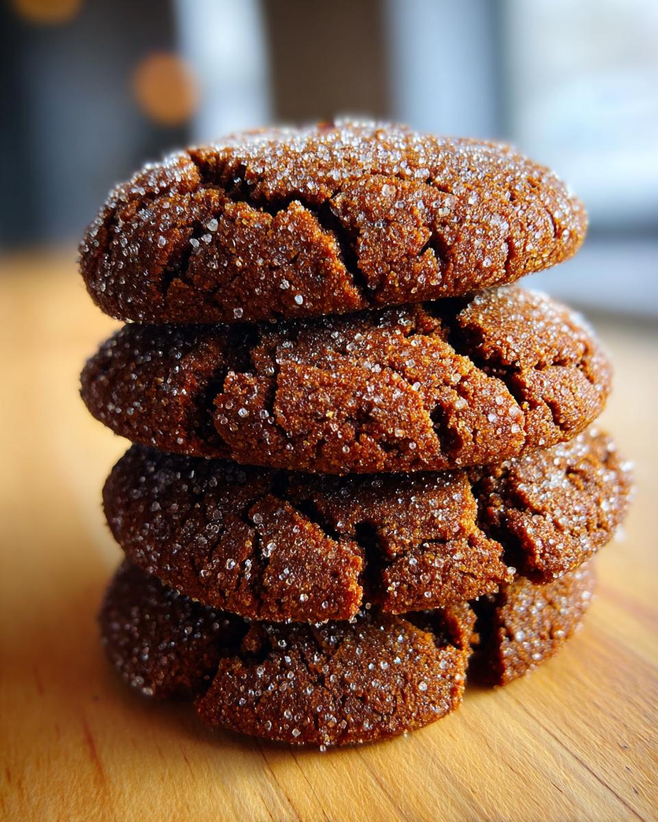 A vertical stack of four dark brown, cracked ginger molasses cookies generously coated in sparkling white sugar crystals.