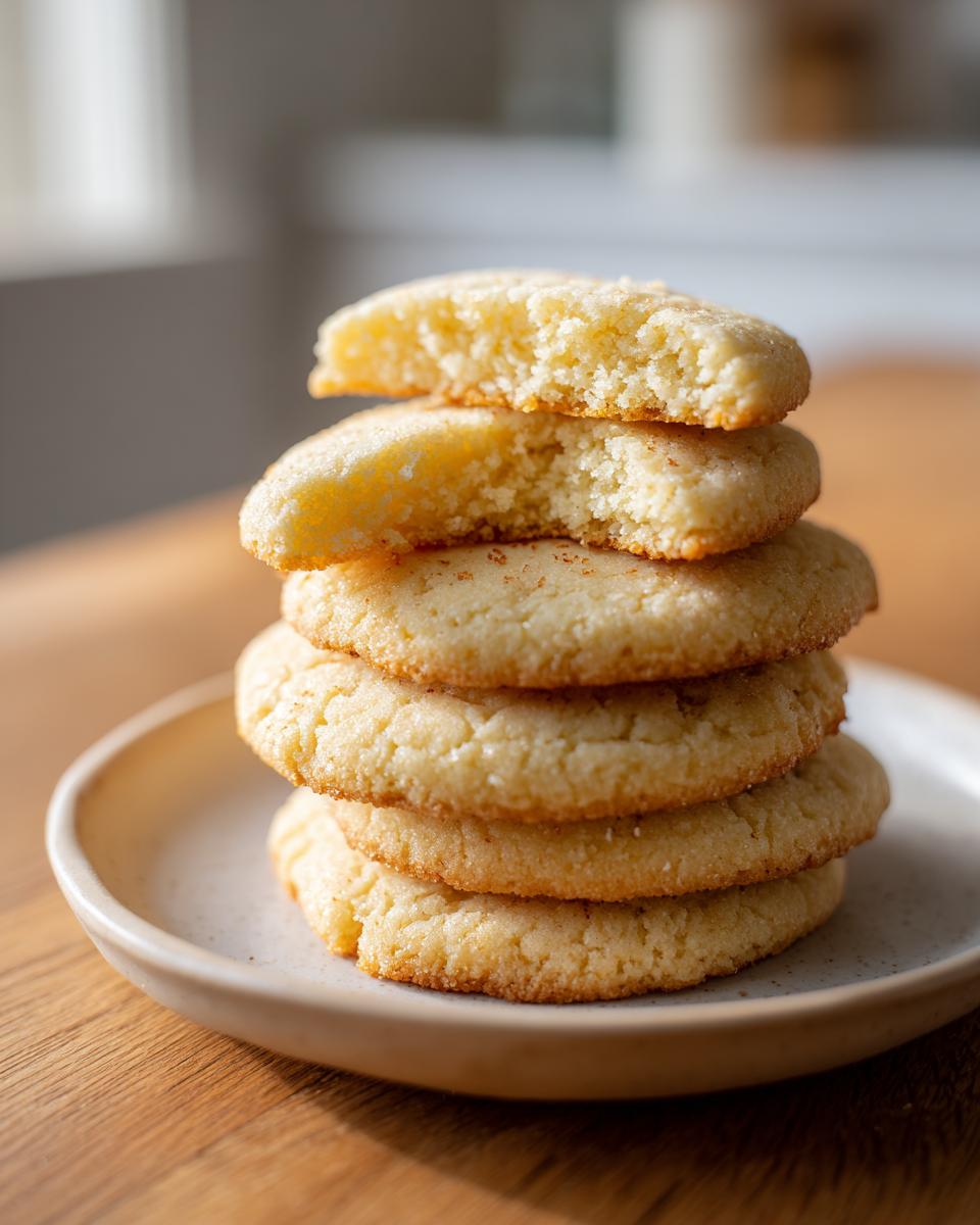 A stack of five thick, round sugar cookies, with the top two broken to show the soft, dense interior.