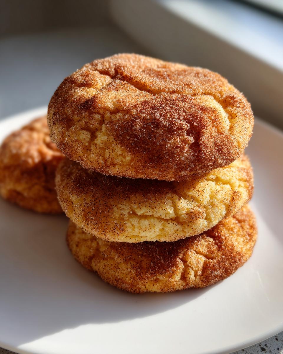 A stack of three soft, chewy Snickerdoodle cookies generously coated in cinnamon sugar, sitting on a white plate.