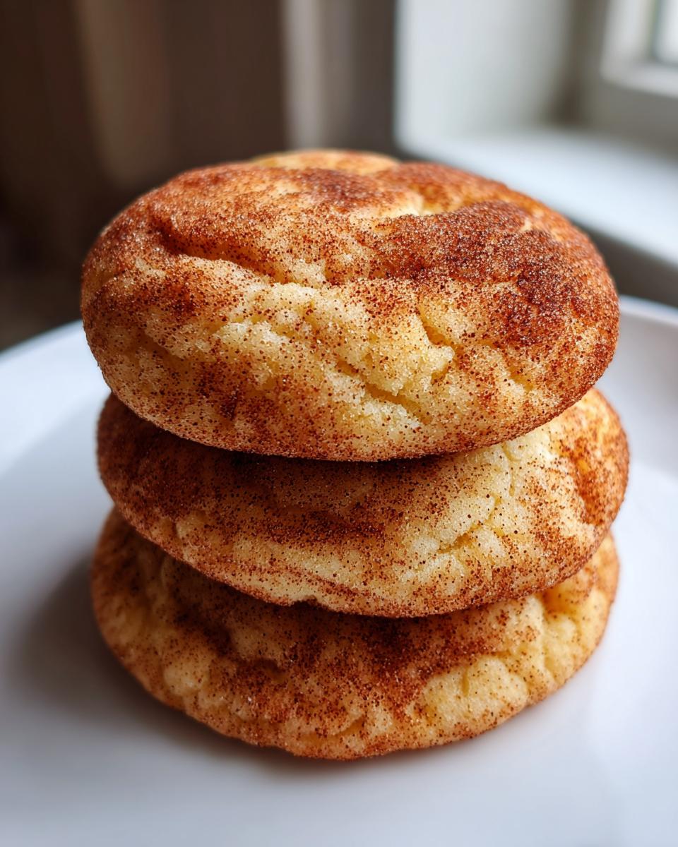 A vertical stack of three soft, chewy Snickerdoodle cookies generously coated in cinnamon sugar.