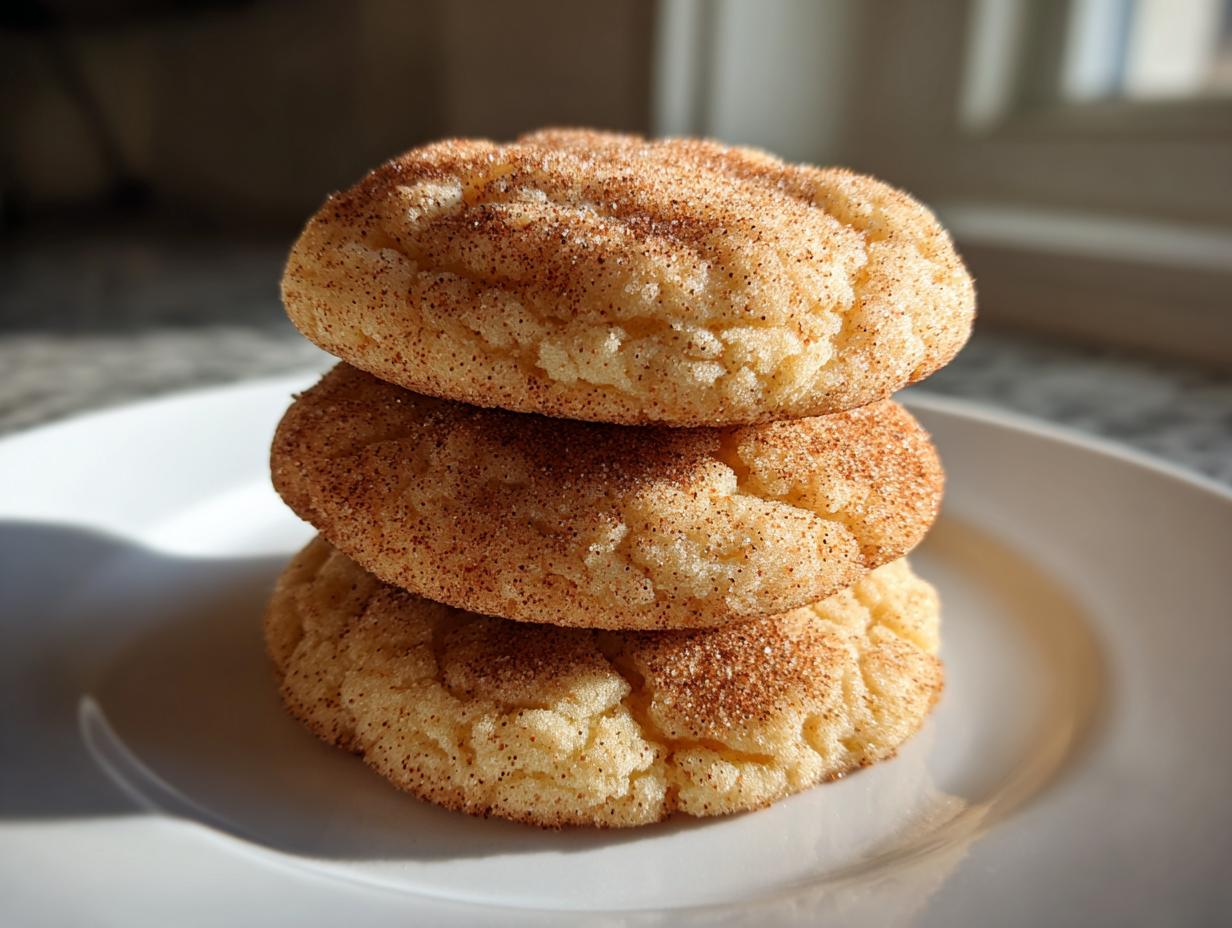 A stack of three soft, chewy Snickerdoodle cookies generously coated in cinnamon sugar.