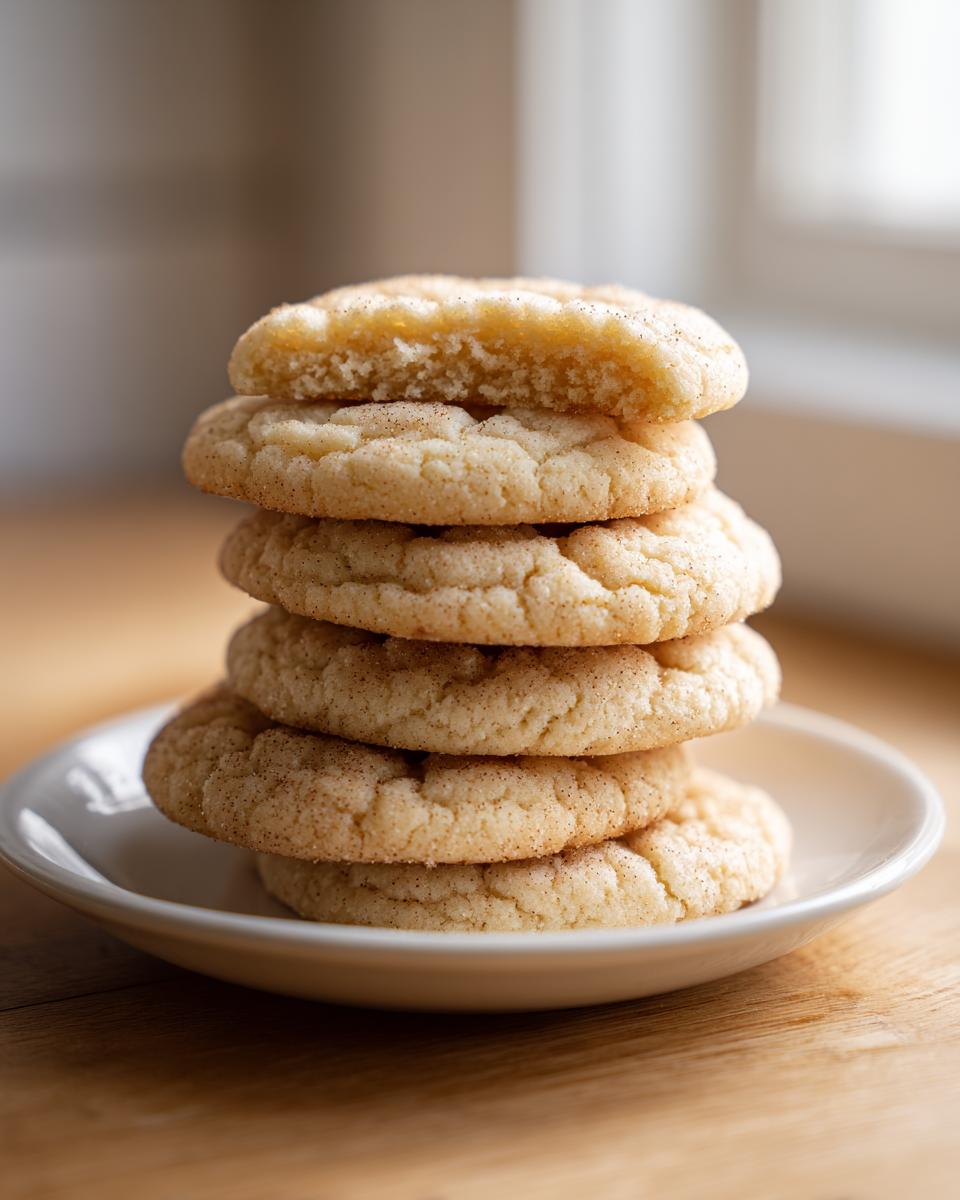A vertical stack of five soft, round sugar cookies dusted with cinnamon sugar, one cookie broken open on top.