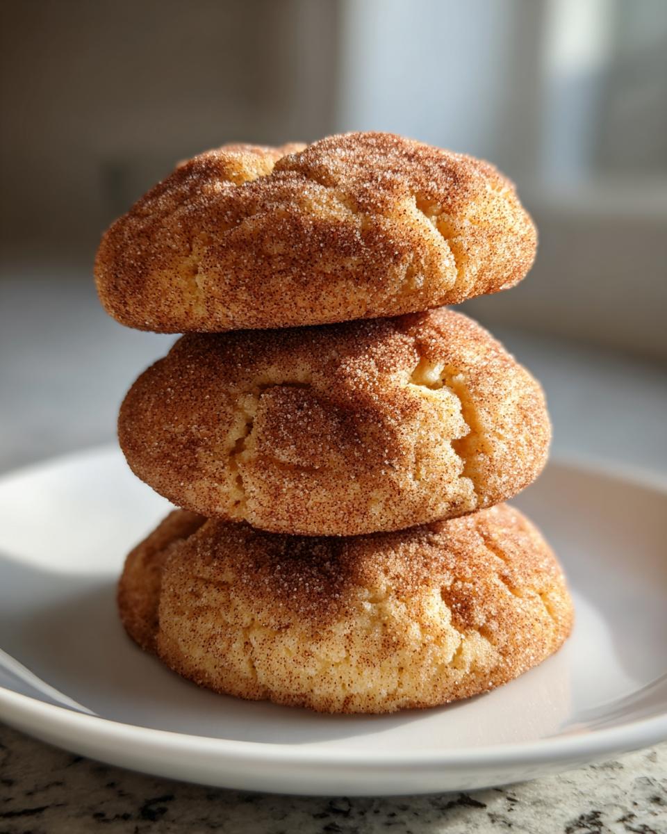 Three soft, thick Snickerdoodle cookies stacked vertically on a white plate, coated in cinnamon sugar.