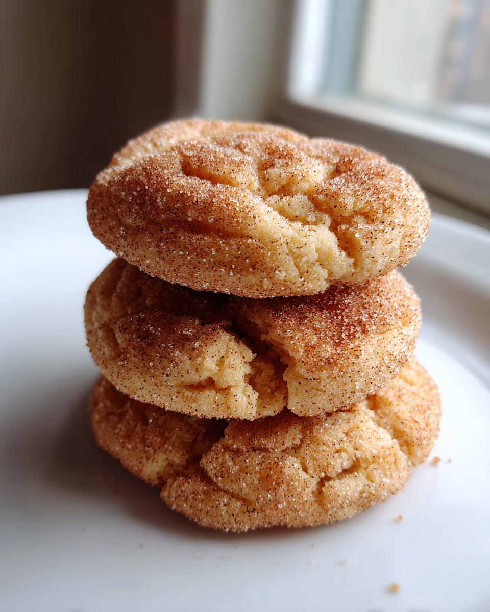 A vertical stack of three soft and chewy Snickerdoodle cookies coated in cinnamon sugar, resting on a white plate.