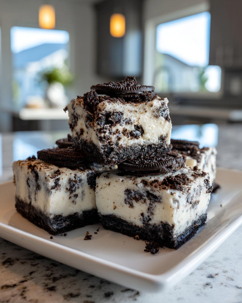 Close-up of stacked, square oreo cheesecake bites with a thick Oreo crust and creamy filling, garnished with cookie pieces.