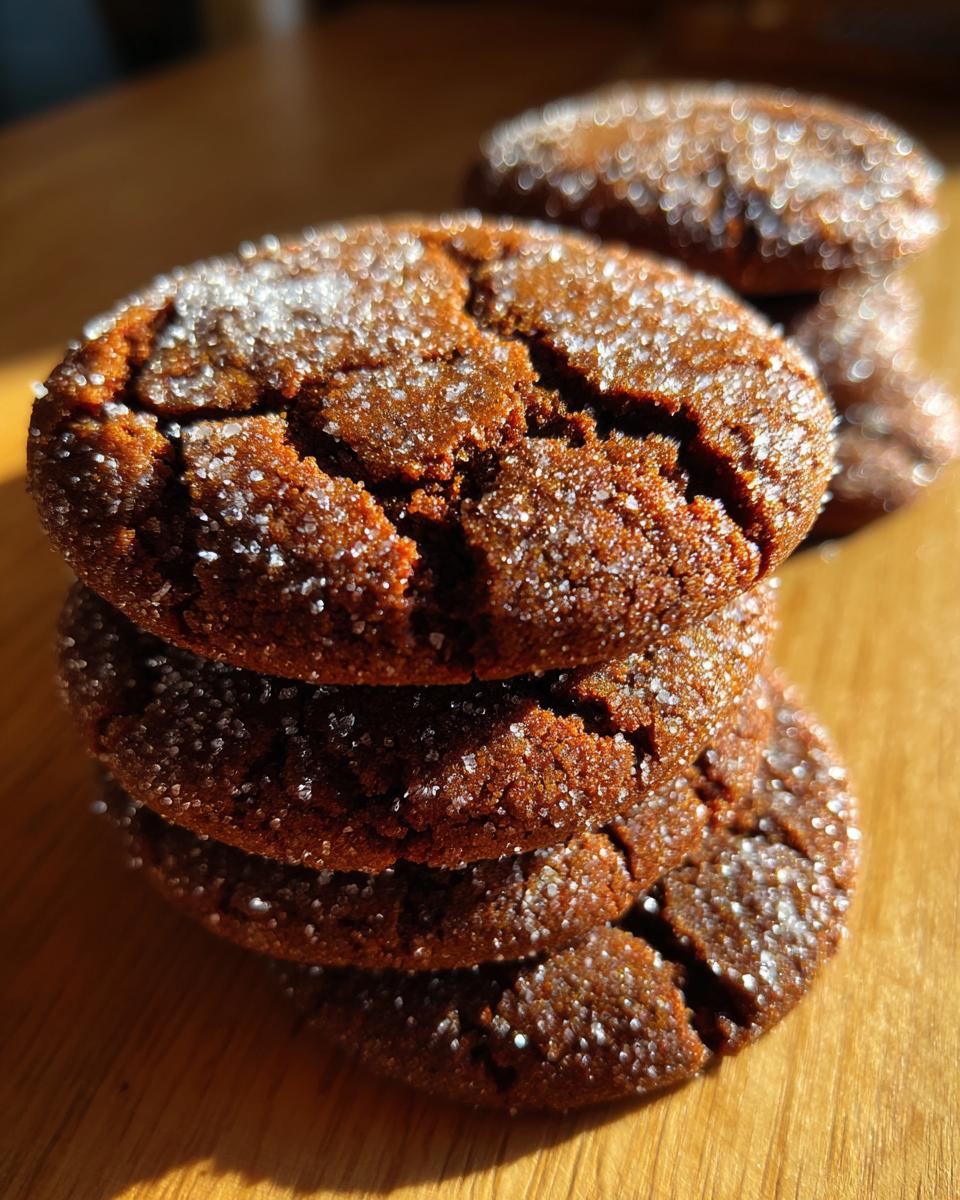 A close-up stack of dark, crinkled ginger molasses cookies coated in sparkling sugar crystals.