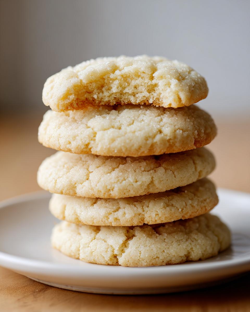 A vertical stack of five perfectly shaped, golden sugar cookies, with the top cookie having a bite taken out.