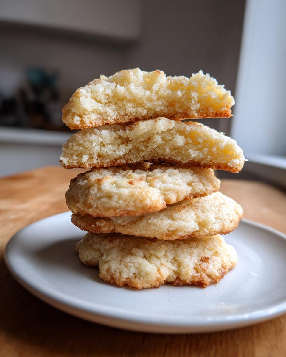 A vertical stack of four golden-brown sugar cookies, with the top two broken to show the soft, crumbly interior texture.