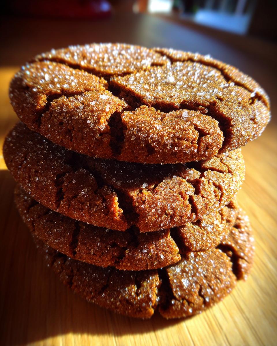 A close-up stack of four chewy, dark ginger molasses cookies coated in sparkling sugar crystals.