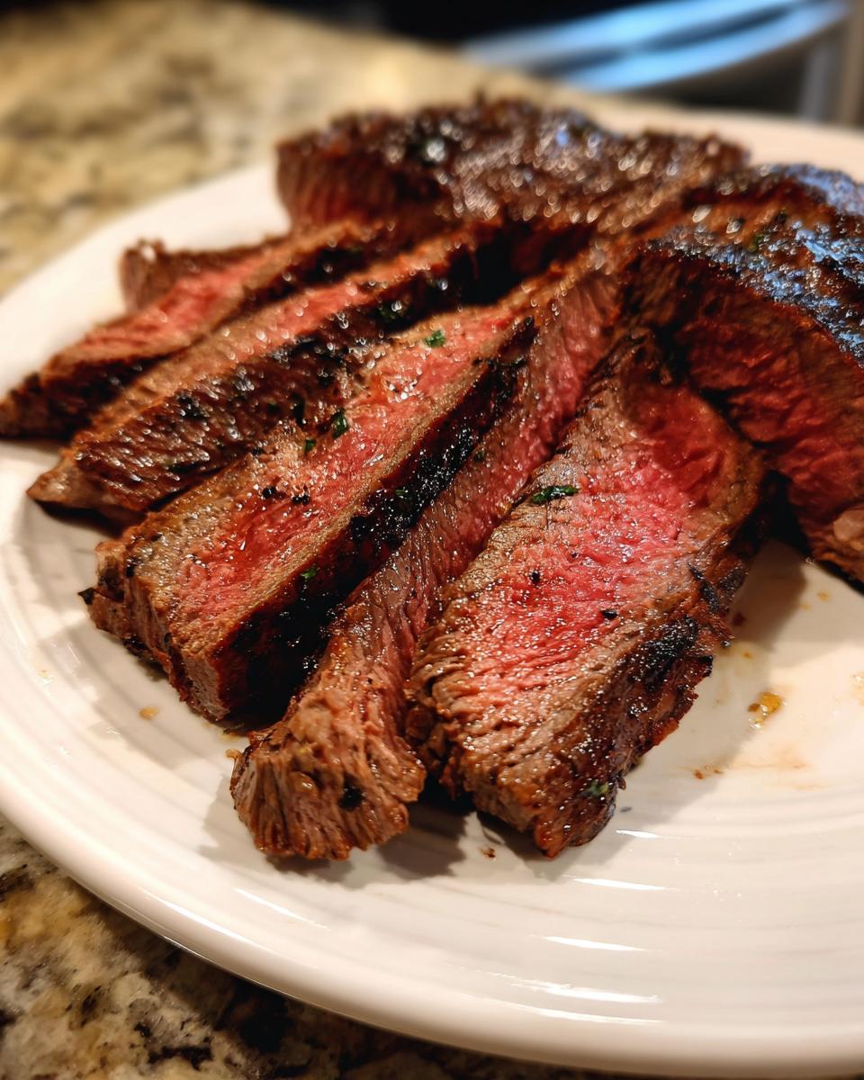 Slices of medium-rare steak, showing a beautiful char and pink center, prepared using the carne asada marinade.