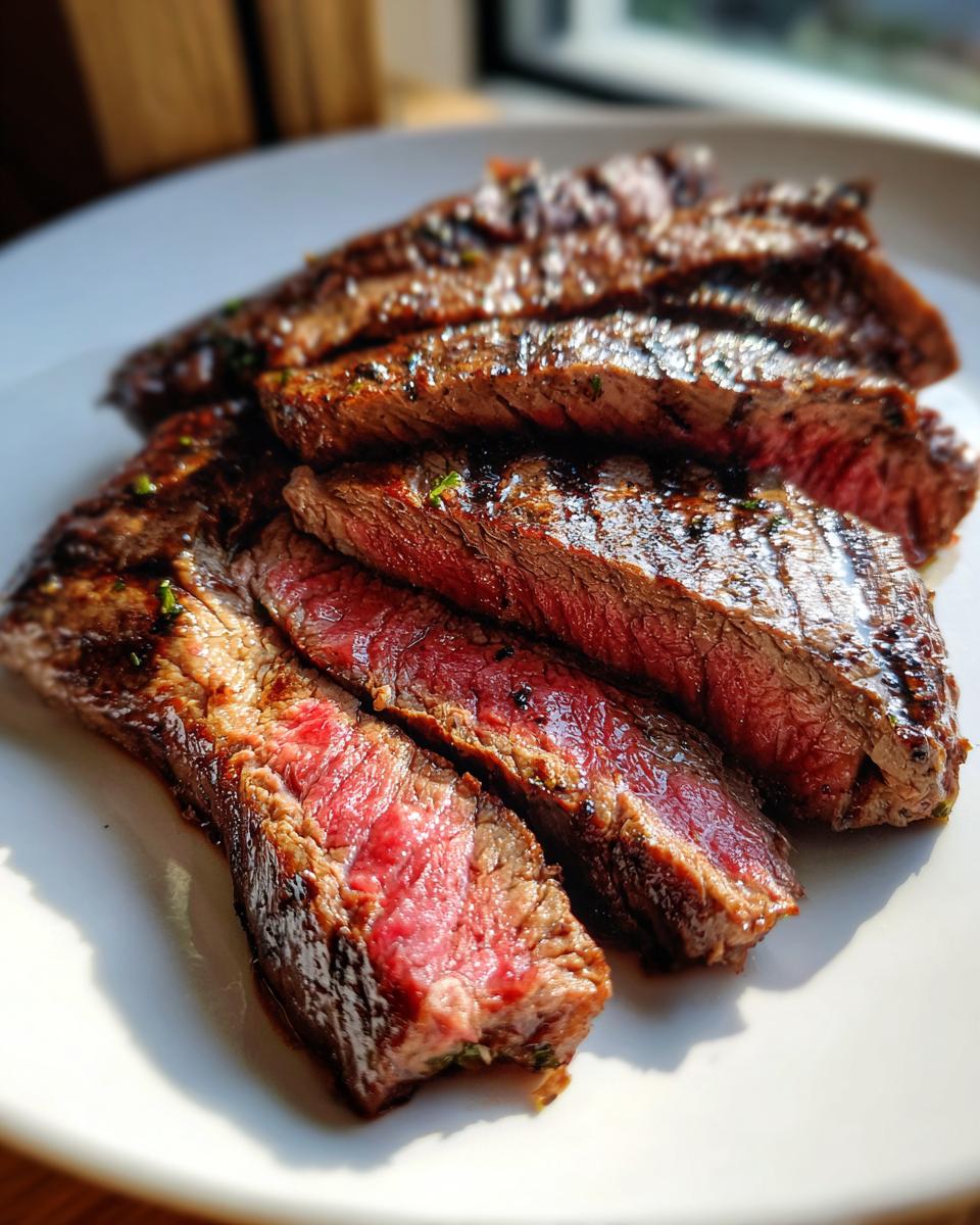 Slices of medium-rare steak showing a juicy pink center, likely prepared with a carne asada marinade.