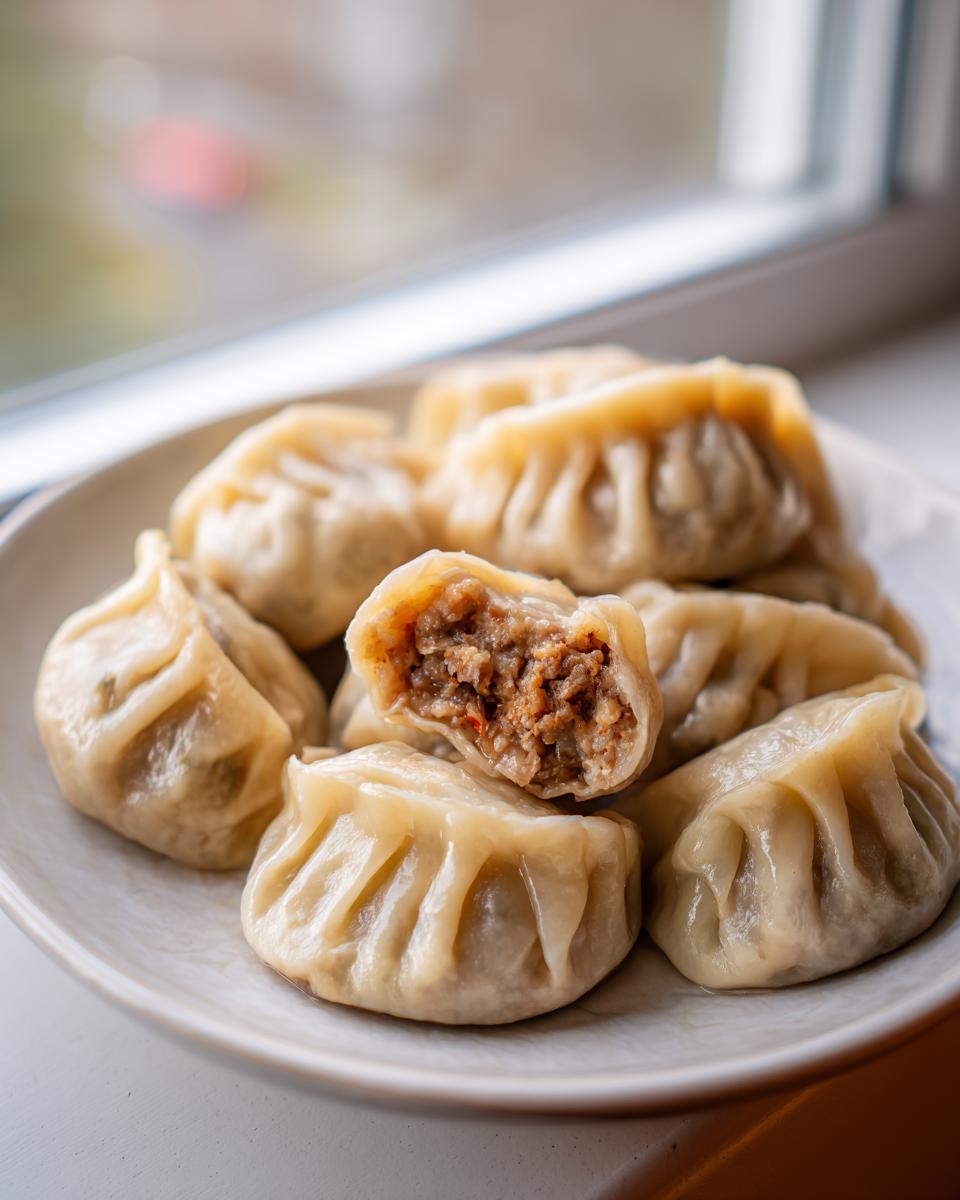 A plate of freshly steamed Traditional Chinese Dumplings, one cut open to show the rich meat filling.