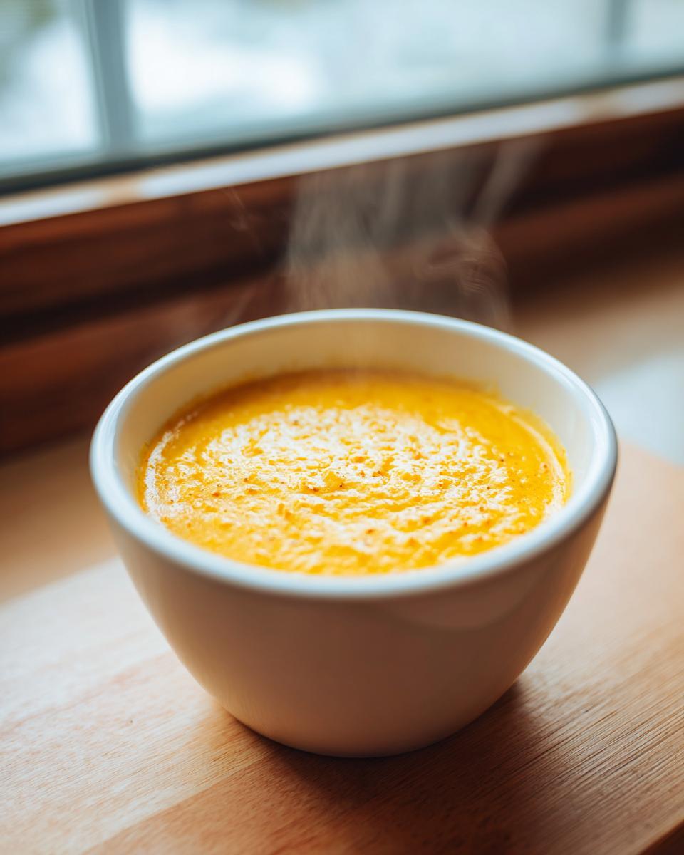 Close-up of hot, steaming beer cheese dip with a rich orange color served in a white bowl on a wooden surface.