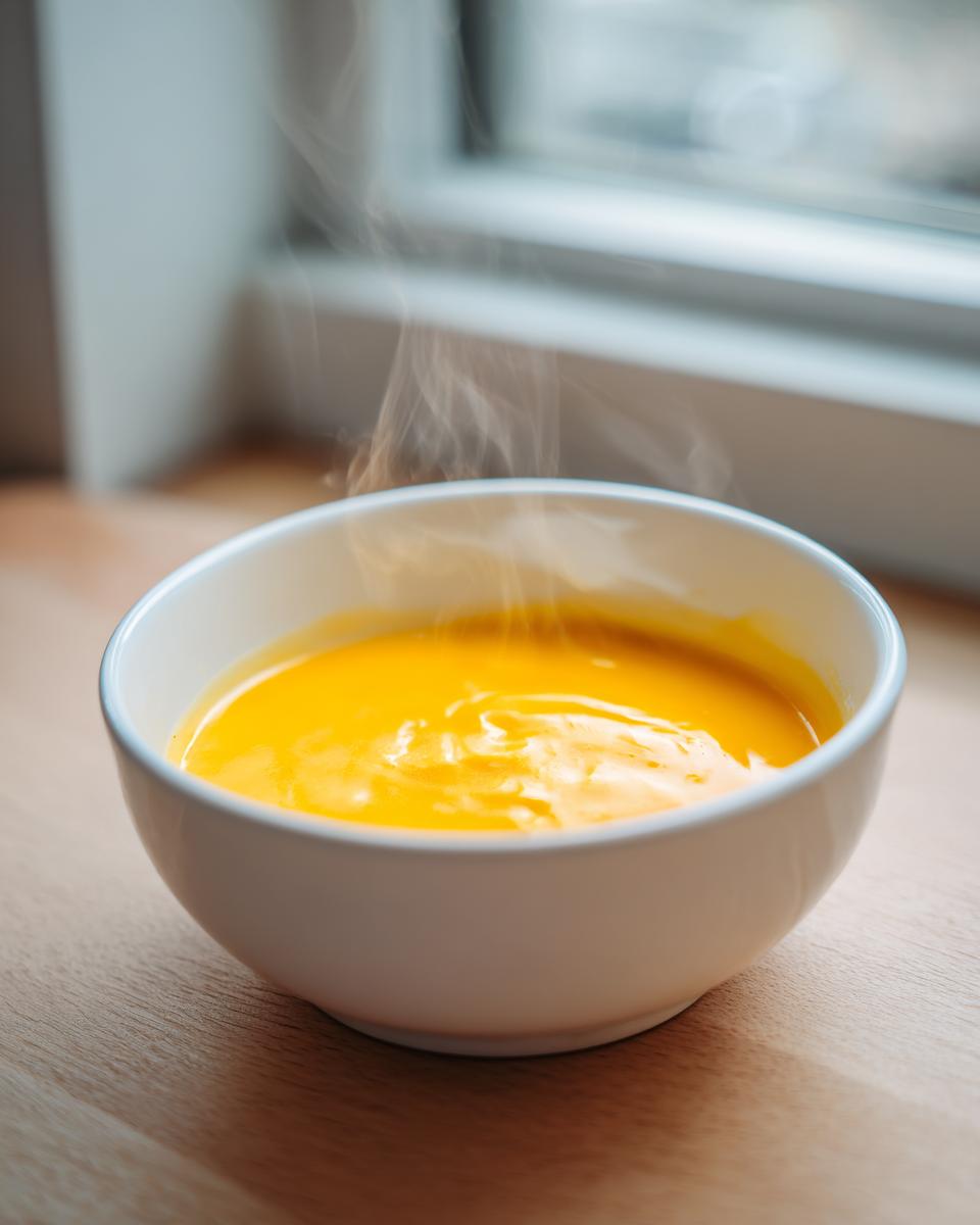 A close-up of a white bowl filled with steaming, bright orange beer cheese dip on a wooden surface.