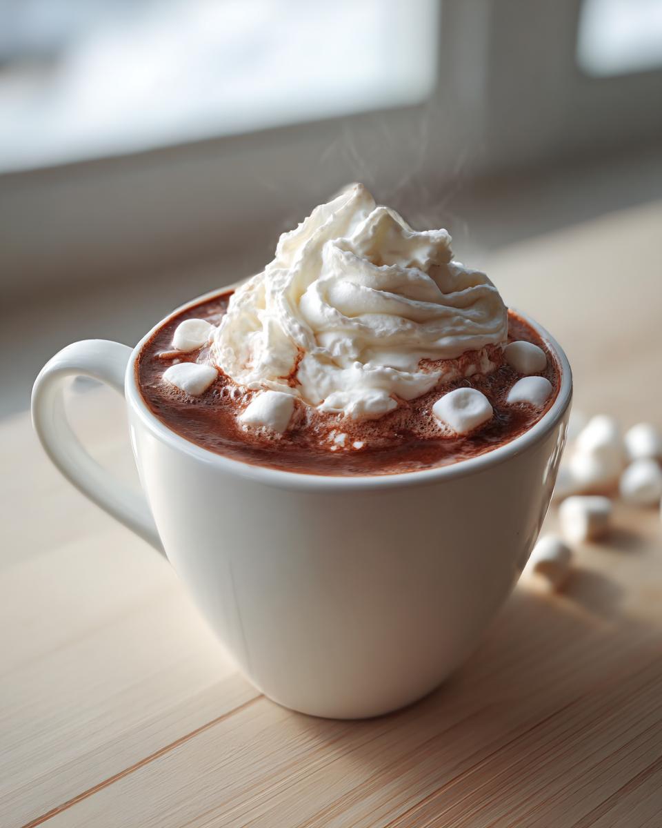 A steaming white mug filled with rich crockpot hot chocolate, topped with whipped cream and mini marshmallows.