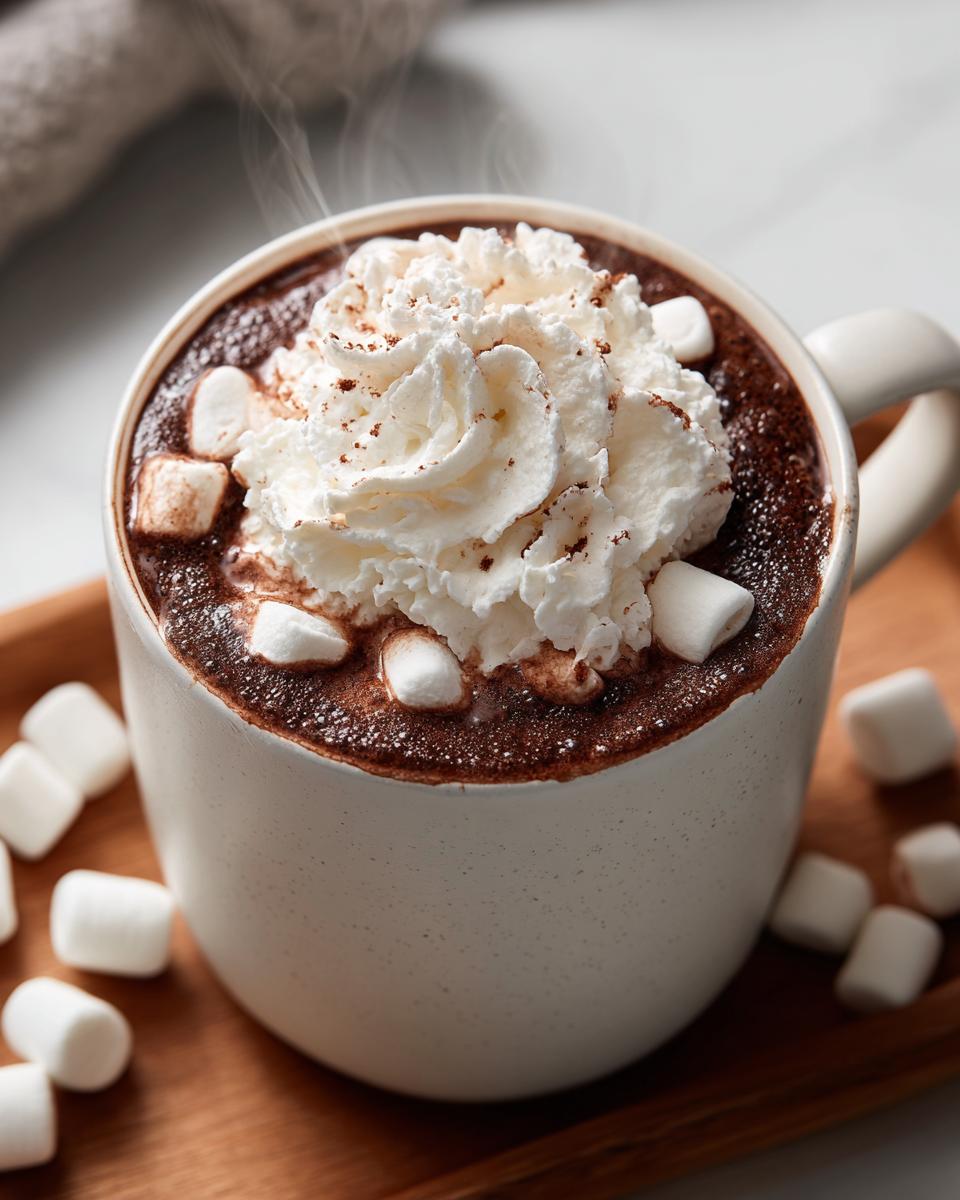 Close-up of a steaming mug of rich crockpot hot chocolate topped with whipped cream and mini marshmallows.