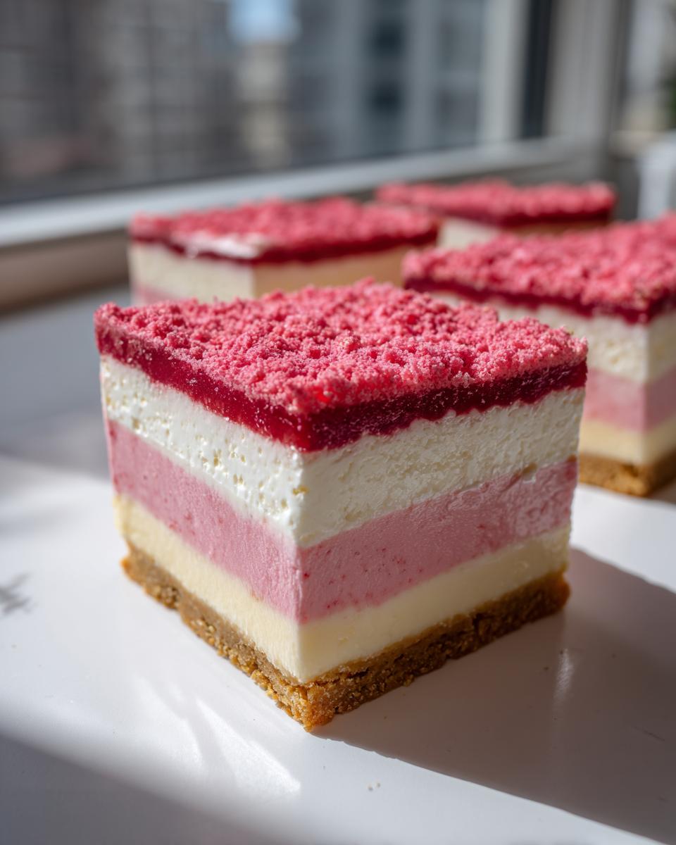 Close-up of a layered strawberry crunch cheesecake bar topped with bright pink crumbs.