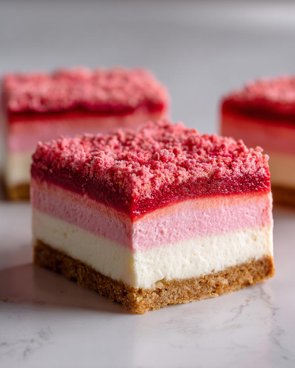Close-up of a layered strawberry crunch cheesecake bar with a graham cracker crust and pink crumble topping.