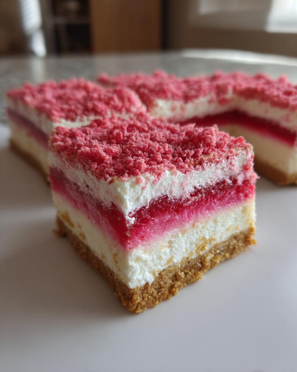 Close-up of a layered strawberry crunch cheesecake bar showing graham cracker crust, creamy filling, red jelly, and pink crumble topping.
