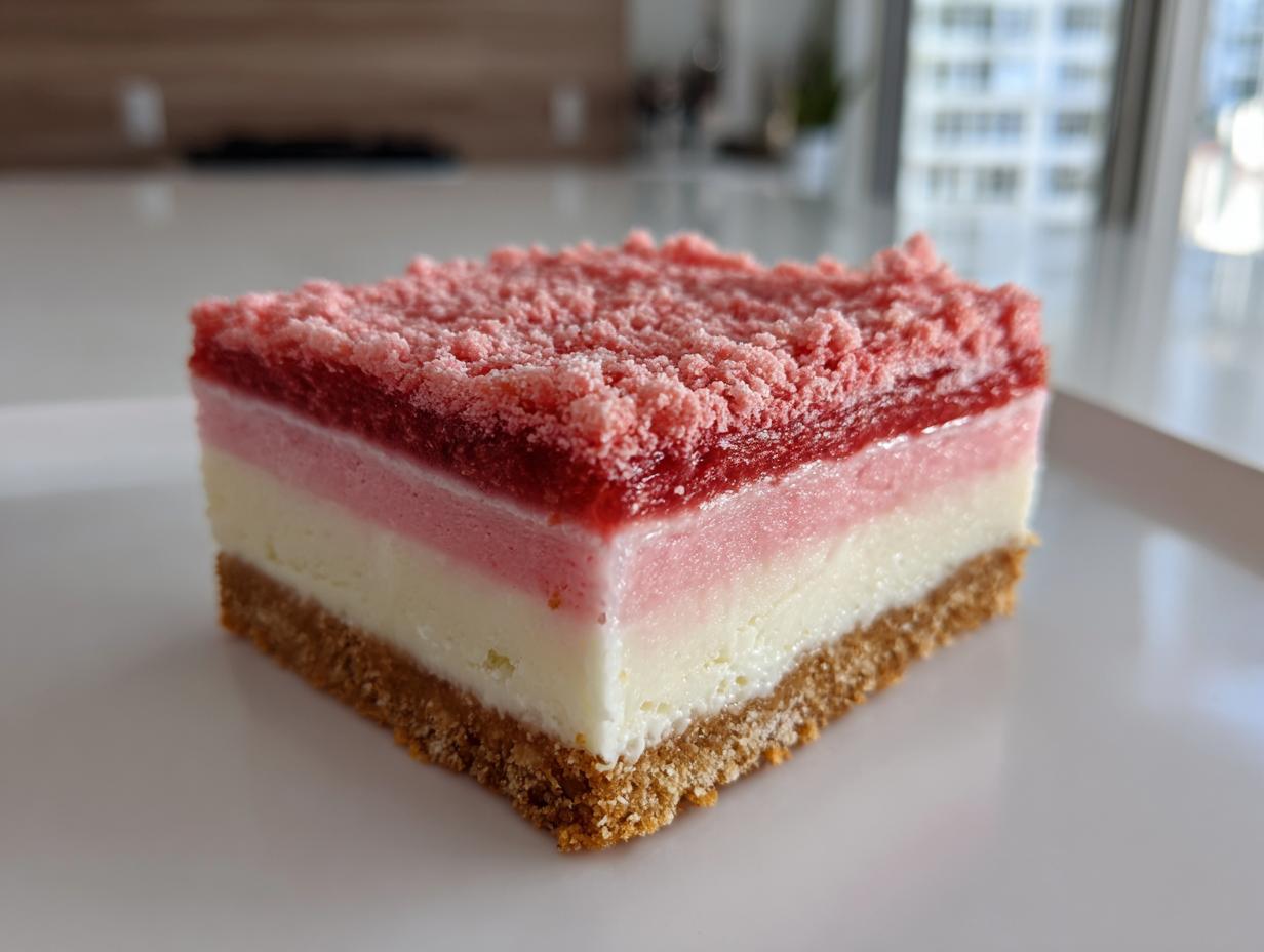 A perfect square slice of strawberry crunch cheesecake showing graham cracker crust, white filling, pink layer, and strawberry crunch topping.