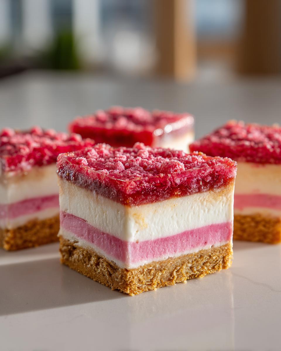 Four squares of strawberry crunch cheesecake showing graham cracker crust, pink and white layers, and a bright red, crunchy topping.