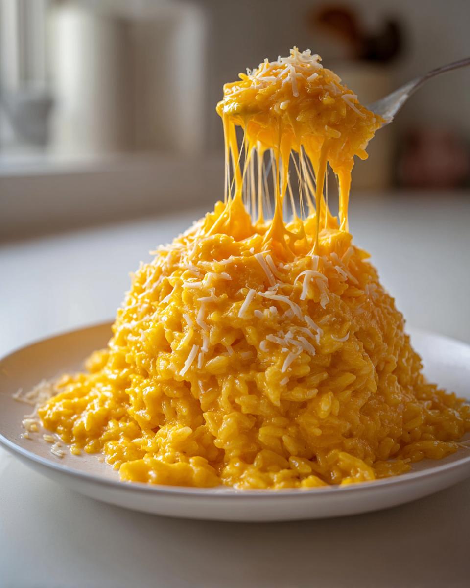 A towering mound of bright orange, creamy cheesy rice with long cheese pulls as a fork lifts a portion.