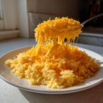 A spoonful of creamy cheesy rice being lifted from a plate, showing extreme cheese pull and covered in shredded cheddar.