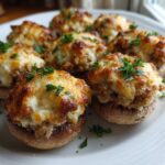 Close-up of baked stuffed mushrooms recipe topped with melted, browned cheese and fresh parsley.